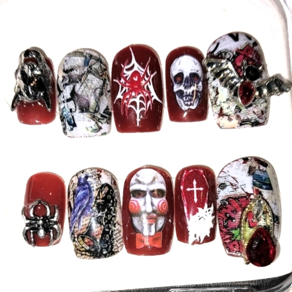 Hand Crafted Red and Black Gothic Nail Art Custom Set Sz 03224